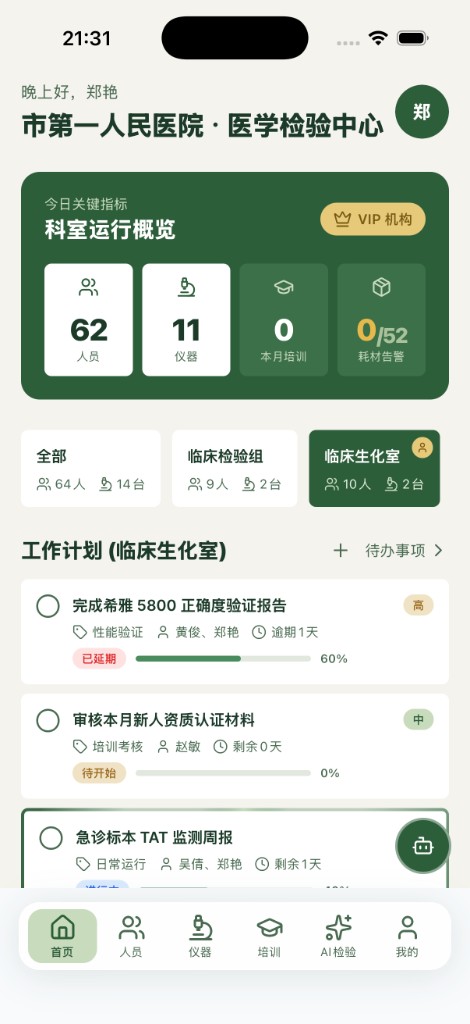 NovoLab 移动端首页：科室运行概览与工作计划